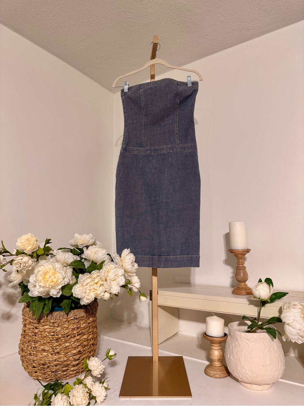 Theory Strapless Gray Denim Sheath Dress